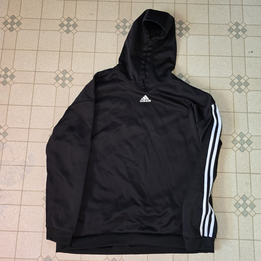Adidas Black Pullover Mesh Lined Hoodie  Pockets Stripes On Sleeves Womens Sz XL